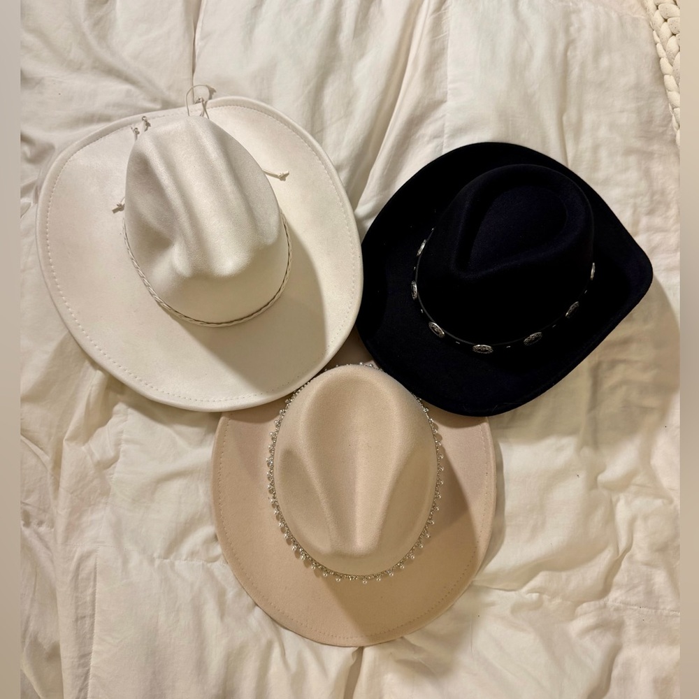 Women’s Western Cowboy Hat Trio – Black, White, and Beige